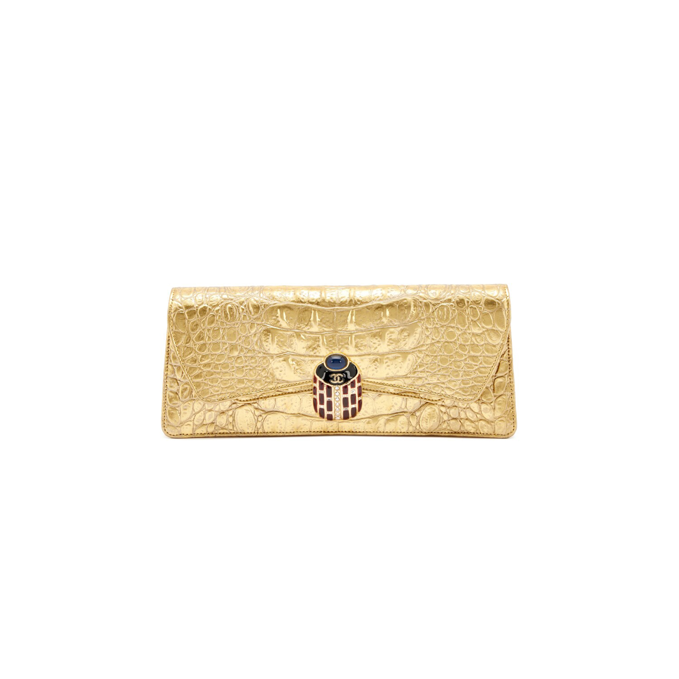 CHANEL 19A CROCODILE EMBOSSED GOLD JEWELED SCARAB CLUTCH BAG TI9 784893 (30*13*5cm)